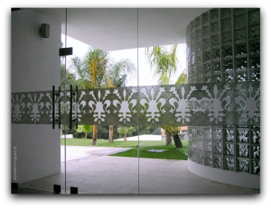 Exterior Doors in Stained Glass with Sets Logo KME & Filigree Effects - Day View
