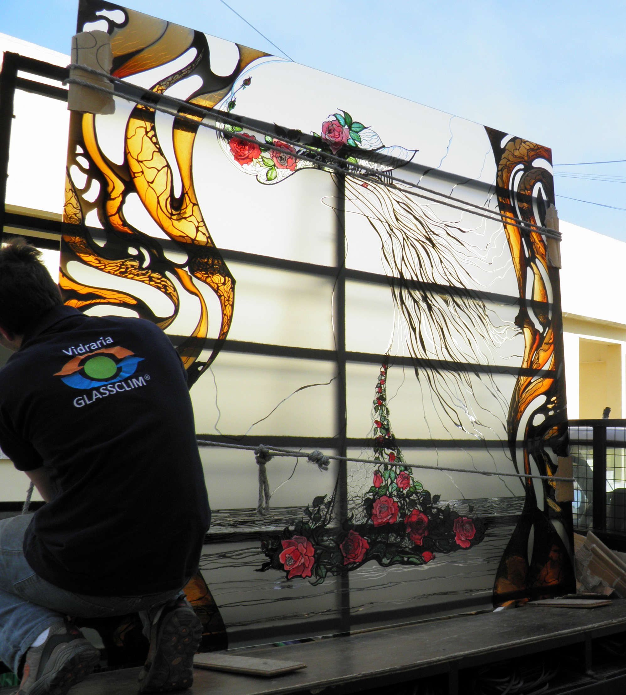 Backstage of the lady of the spring stained glass by the master artist sonia domingues 